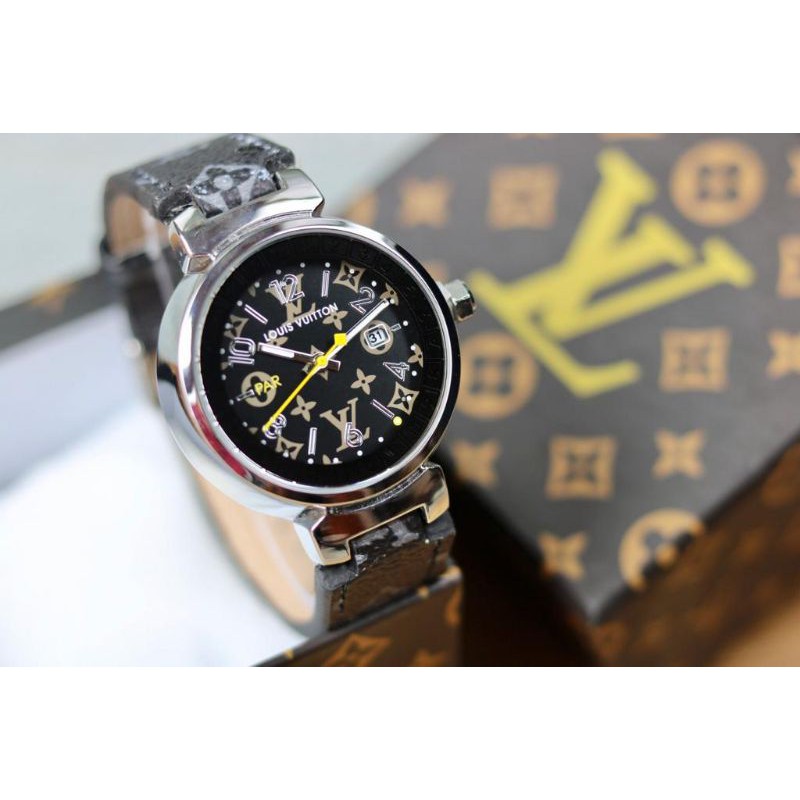 (PW)JAM TANGAN LV COLLECTION FASHION WANITA PLAT HITAM TALI KULIT PREMIUM FREE BOX ORIGINAL(COD)
