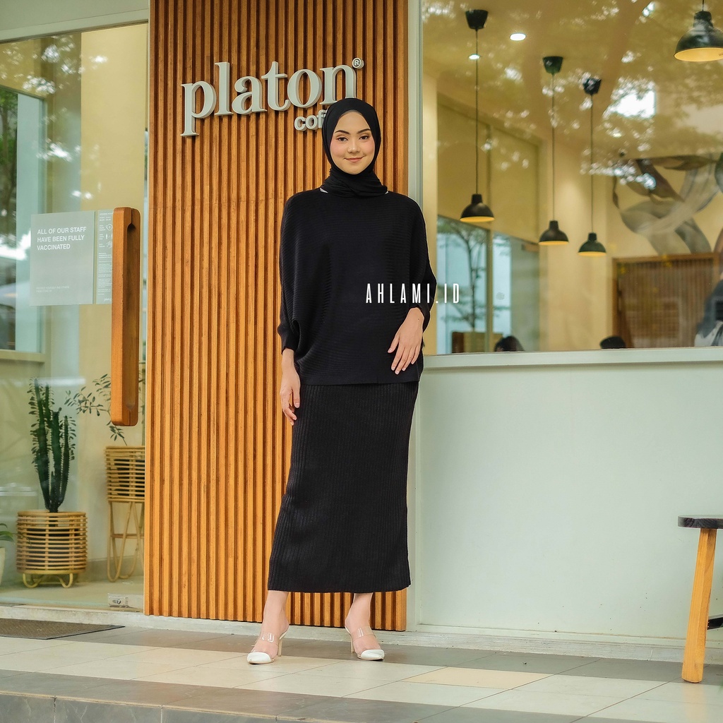 Ahlami- Kala Skirt Rok Rajut Premium Rok Span Knit Tebal Rok Rajut Span Rok Span Premium Rok Kerja Rok Formal Premium-HITAM (RAJUT)