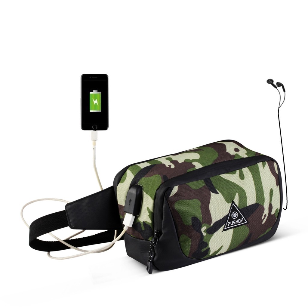 Waistbag Pria Terbaru Tas Casual Keren USB PUSHOP AUTHENTIC Stry Camo