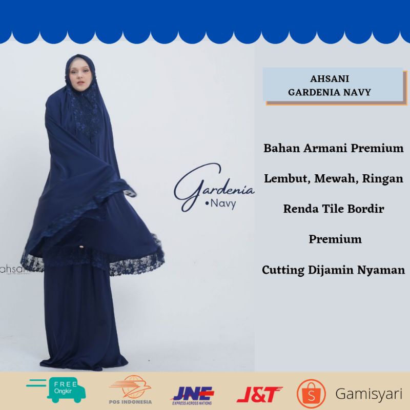 Mukena Mewah Ahsani Gardenia Navy Mukena Premium Hampers Lebaran Bahan Armani Silk Paket Seserahan H