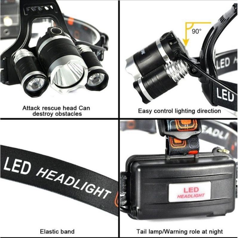 Senter Kepala Headlamp 3 LED Cree XM-L 3T6 Senter Kepala 3 Lampu-3