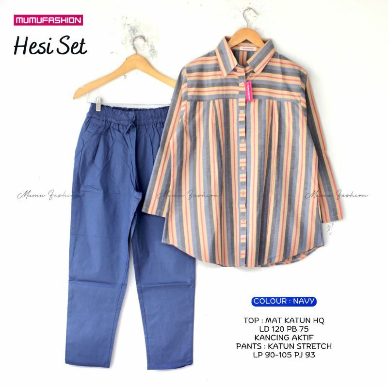 Setelan celana wanita tunik salur jumbo Ld120 terbaru HESI SET by Mumu fashion muslim solo