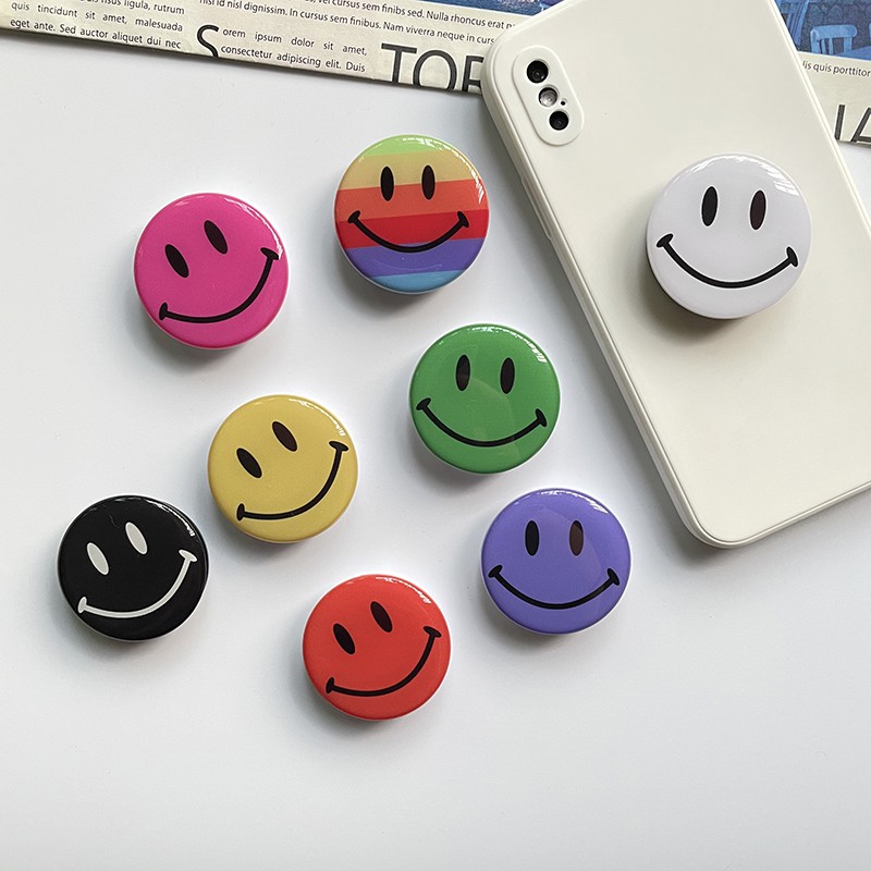 Popsocket Hp Bentuk Bulat Motif Smiley Face Warna Pelangi