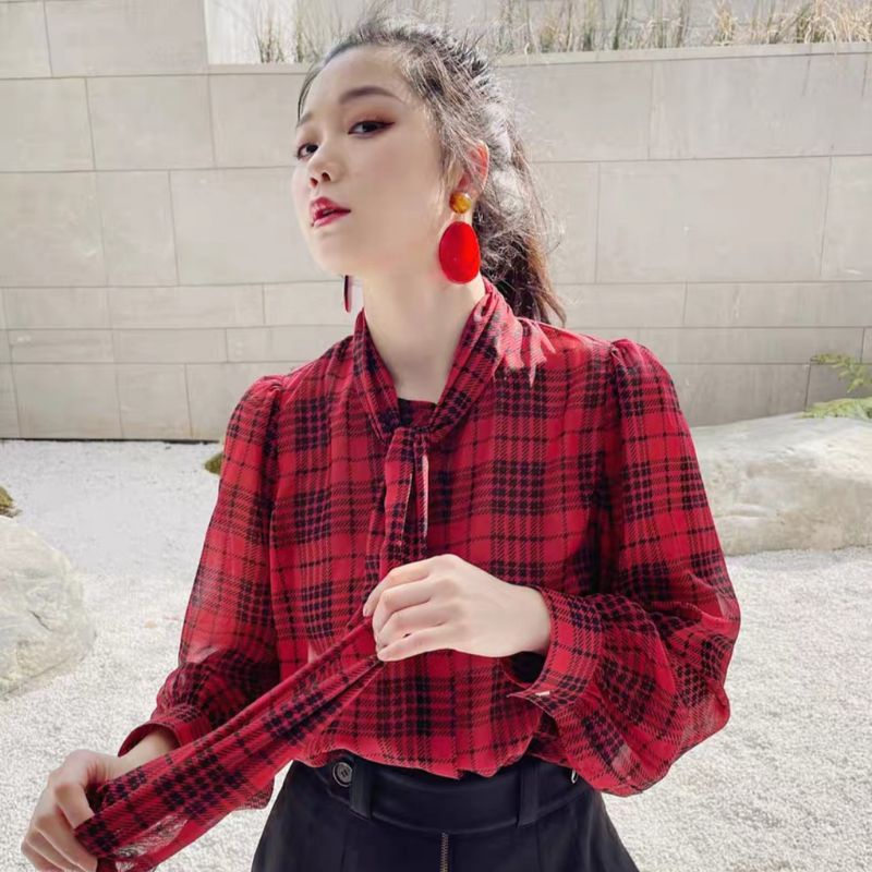 MDLV ~ 6303# Red Tartan Tie Neck Shirt Kemeja korea kemeja kotak kemeja merah kemeja Chiffon Kemeja Premium Fashion Import