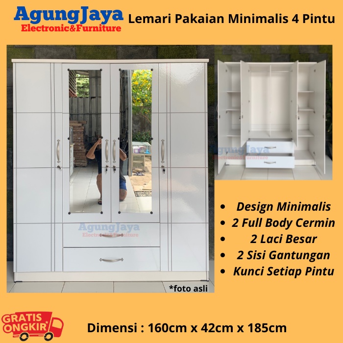 PROMO LEMARI PAKAIAN 4 PINTU MINIMALIS LEMARI BAJU KAYU JUMBO FULL WHITE PUTIH (FREE ONGKIR CILEGON 
