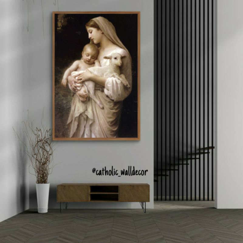 Hiasan dinding Katolik gambar Bunda Maria bayi Yesus dan anak domba 60x90cm