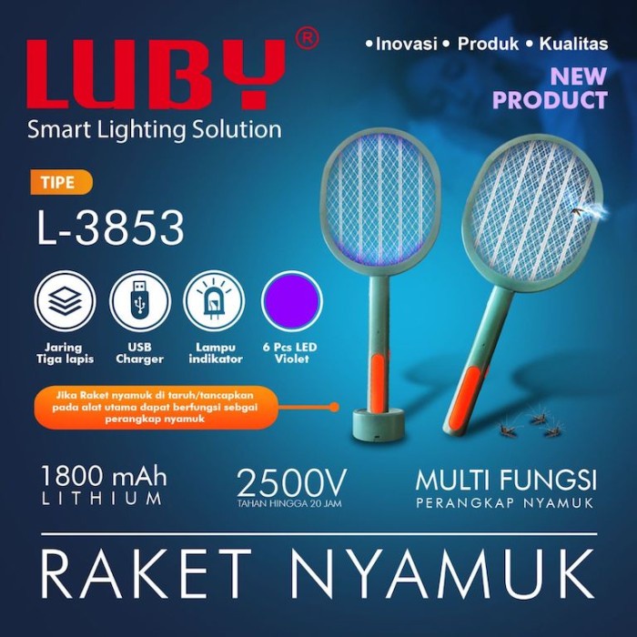 LUBY RAKET NYAMUK ELECTRIC 2 IN 1 MOSQUITO KILLER L-3853 RECHARGEABLE