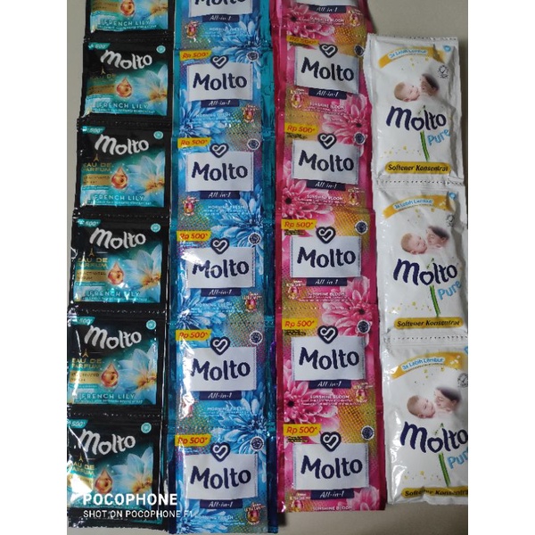 Molto renceng All in one 6 pcs 12 pcs 500 an 1000 pelembut pewangi baju pakaian pure biru pink putih Hijau Peach Rose