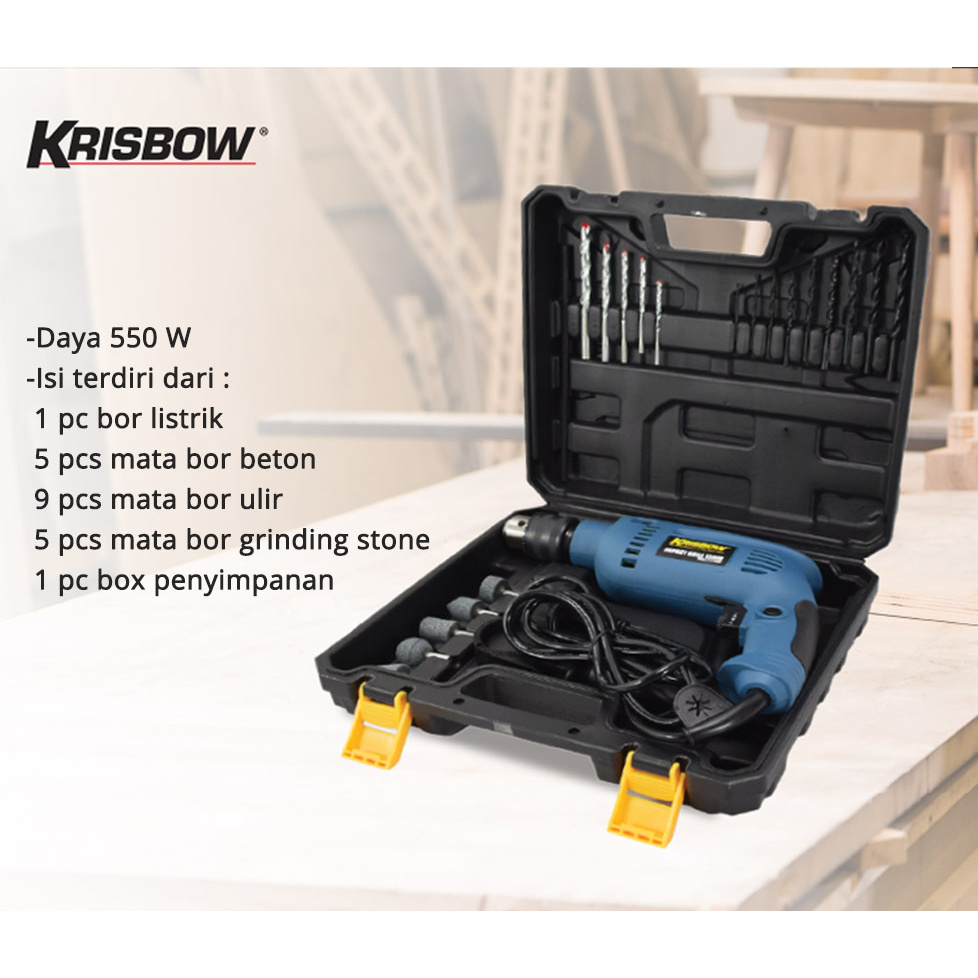 Mesin Bor Listrik Besi Beton Kayu KRISBOW Impact Drill Set 13mm 500W Original