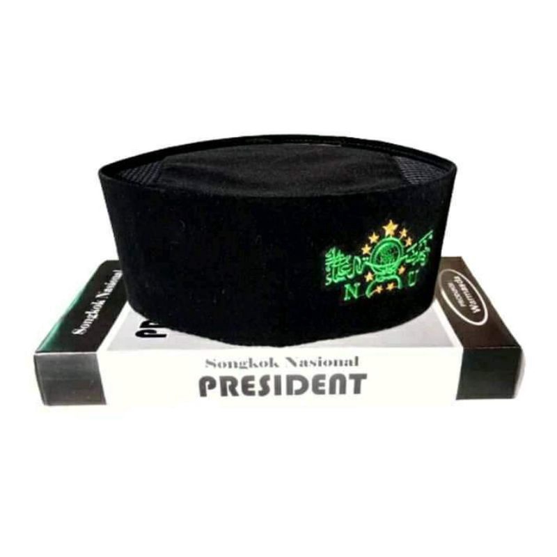 Peci Songkok Kopiah bordir logo NU Hijau AC Pria Warna Hitam Tinggi 9 Dewasa & Anak