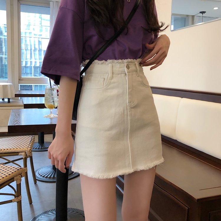 Rok Jeans Pendek A-Line Rok Denim Skirt Pinggang Tinggi Gaya Korea