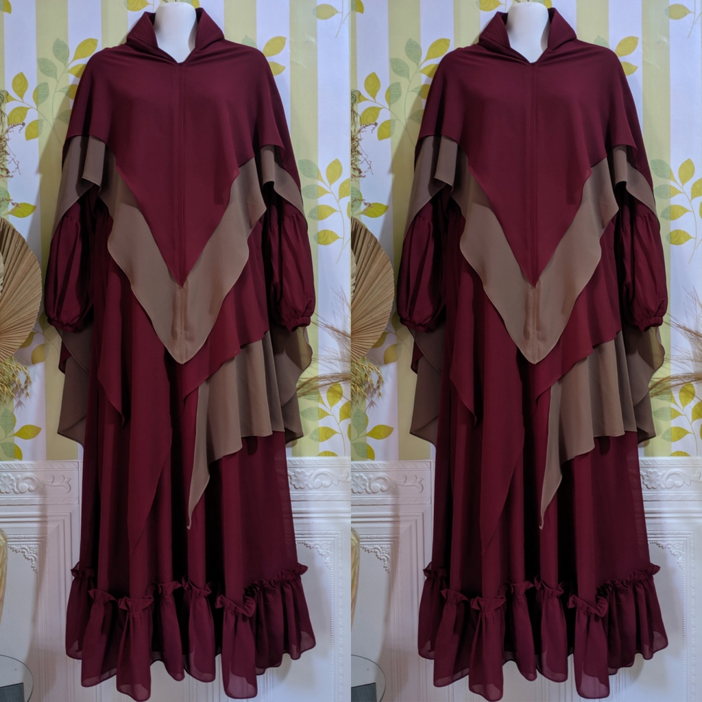 Gamis syari ceruty set khimar Gamis wanita remaja ibu ibu jumbo mewah Gamis terbaru kekinian-Marun mix coklat