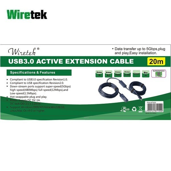 Wiretek USB3.0 Active Extension Cable 20 meter with included external adapter 5v 2a