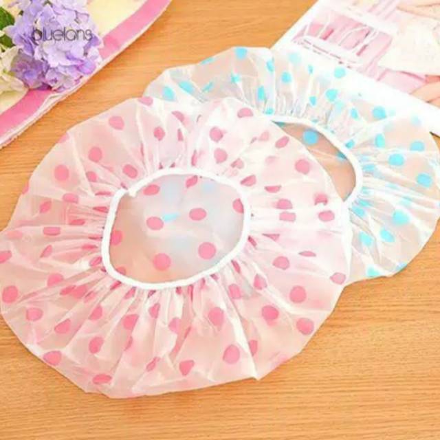 Shower Cap Tebal  Penutup Rambut Desain Polkadot Transparan Anti Air untuk Kamar Mandi