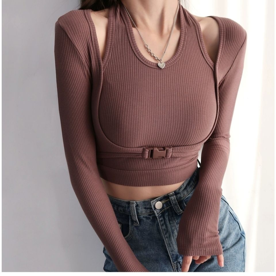 Suhao Palsu Eropa dan Amerika Lengan Panjang T-Shirt Wanita Warna Murni Pendek Slim Fit Murni Keinginan Slim Fit Mesin Pakaian Dalam Slim Fit