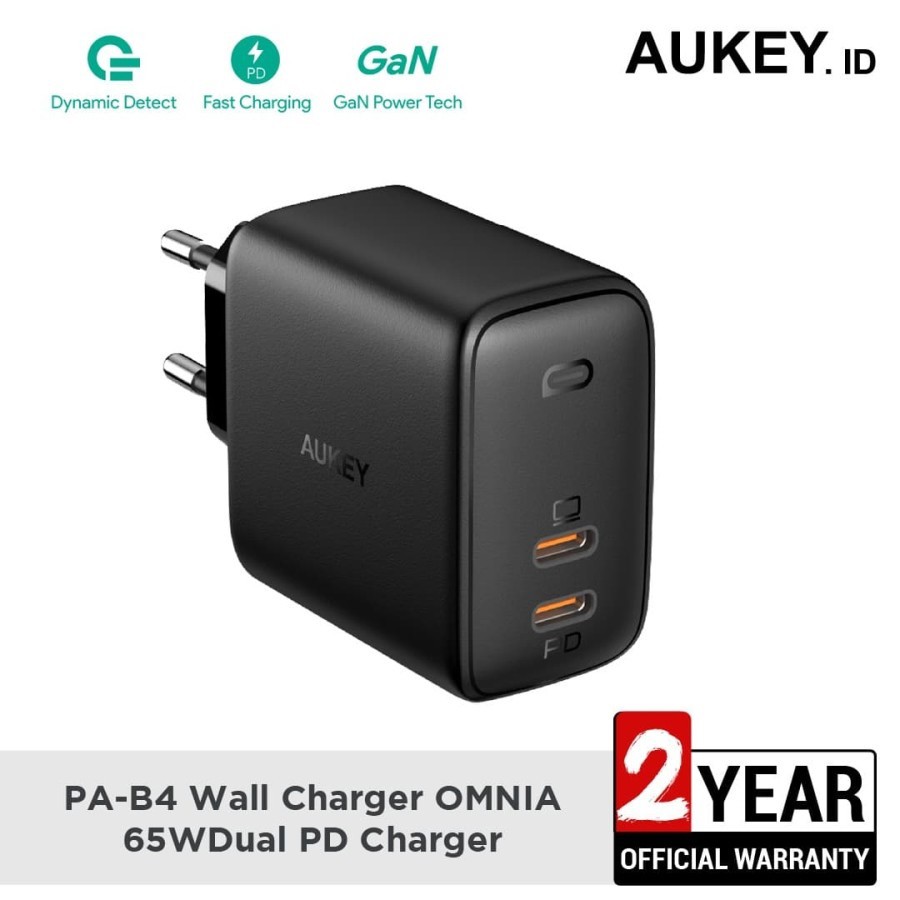 AUKEY PA-B4 - OMNIA DUO 65W - Dual Port PD Charger with GaNFast Tech - Charger 65W Dual Port USB-C