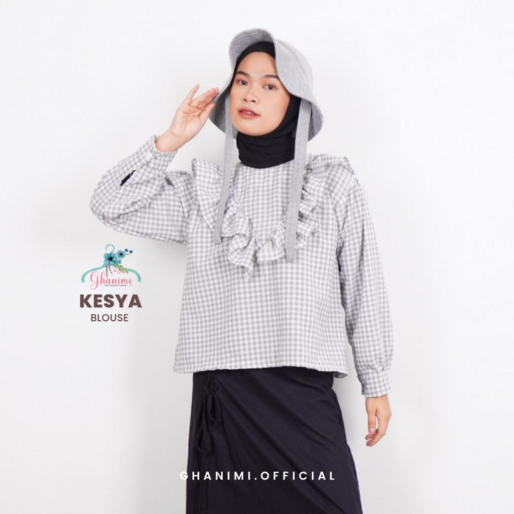 Ghanimi - Kesya Blouse / Blus Crinkle Motif Gingham / Crop Top tangan Panjang / Atasan Motif Ruffle / Atasan Kerja / Blouse Kerja / Atasan Casual / Blus Kerja / Blus unik / Blus kotak kotak