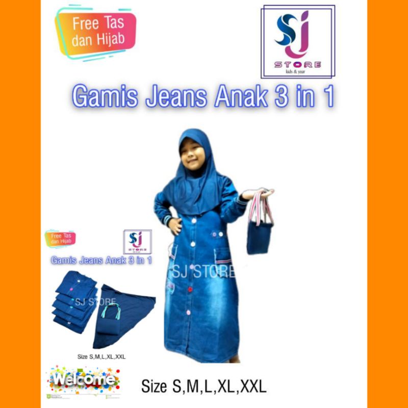 GAMIS ANAK - DRES ANAK JEANS 3IN1 FRE HIJAB + TAS 2 - 12 TAHUN TERBARU