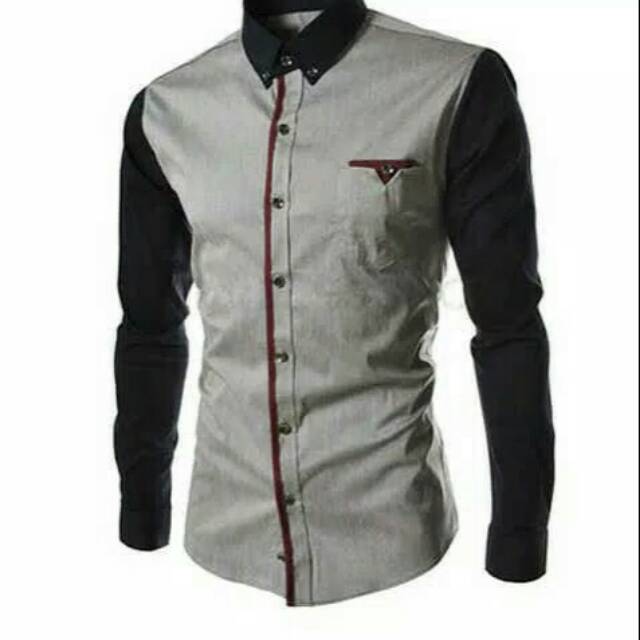 (Kemeja pria silver combi lengan black) n354 excutive silver