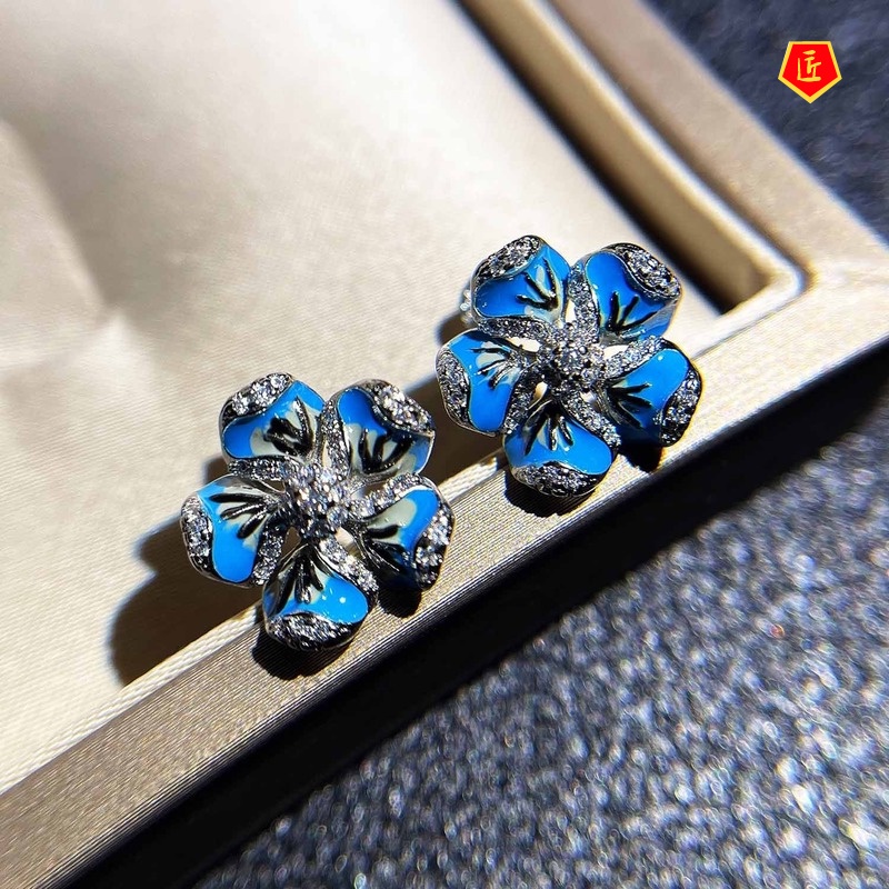 [Ready Stock]New Blue Flower Stud Earrings Fairy Design Sense