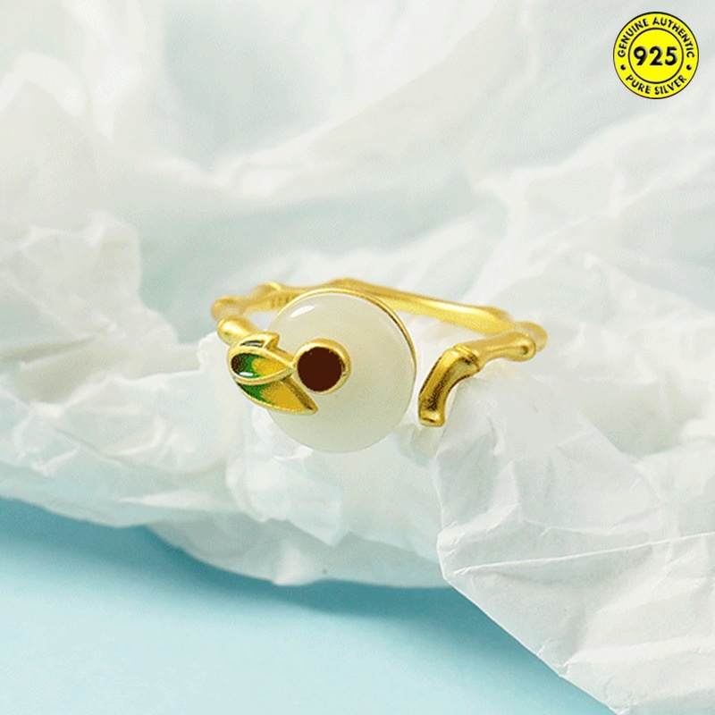 Hetian Jade White Jade Green Bamboo Ring Adjustable Ring Chinese Style Peace Buckle Ring