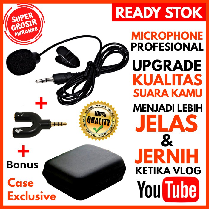 PAKET KOMPLIT Microphone Clip On + Splitter + Case Exclusive untuk Vlog Youtube Smule Karaoke Bigo