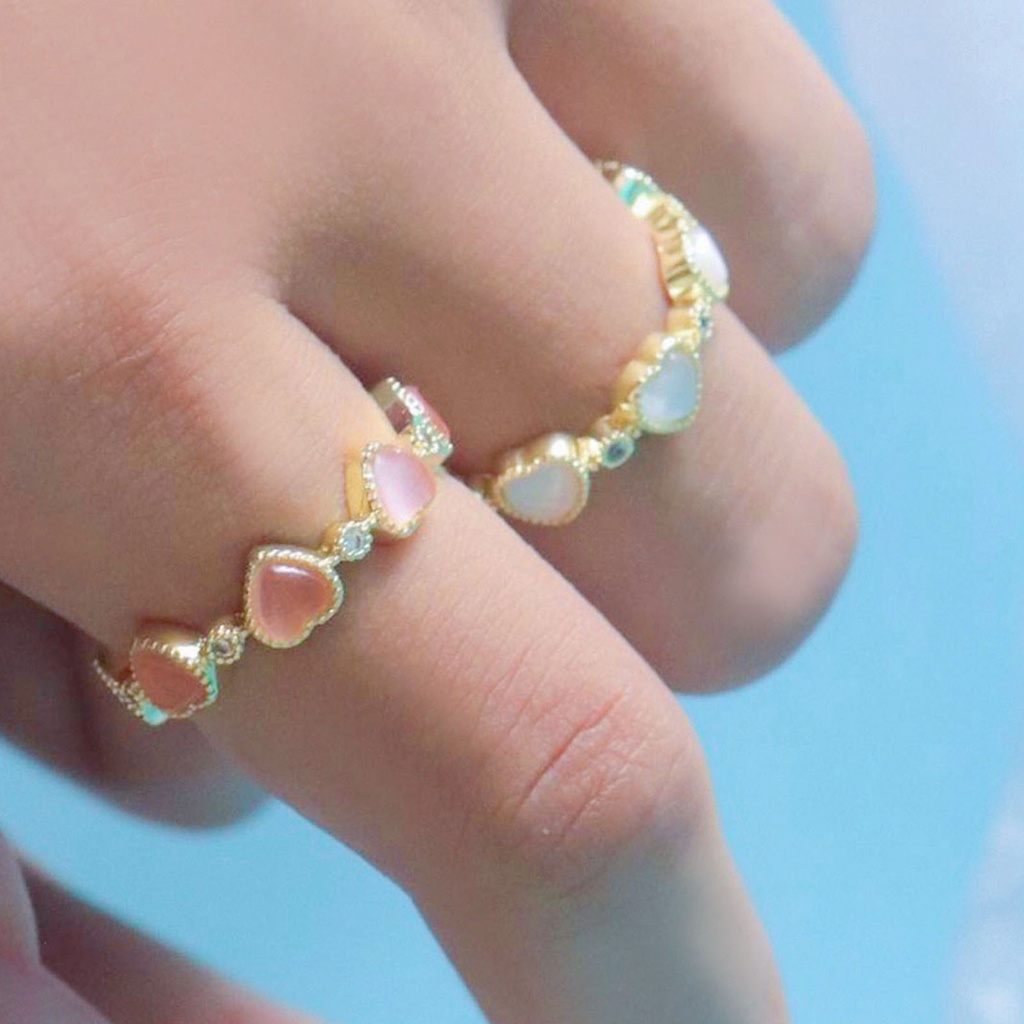 Hu Hu Hu Hu Hu Alat Bantu Pasang Kacamata♡ Cincin Tembaga Model Terbuka Adjustable Bentuk Hati Hias Opal Untuk Wanita