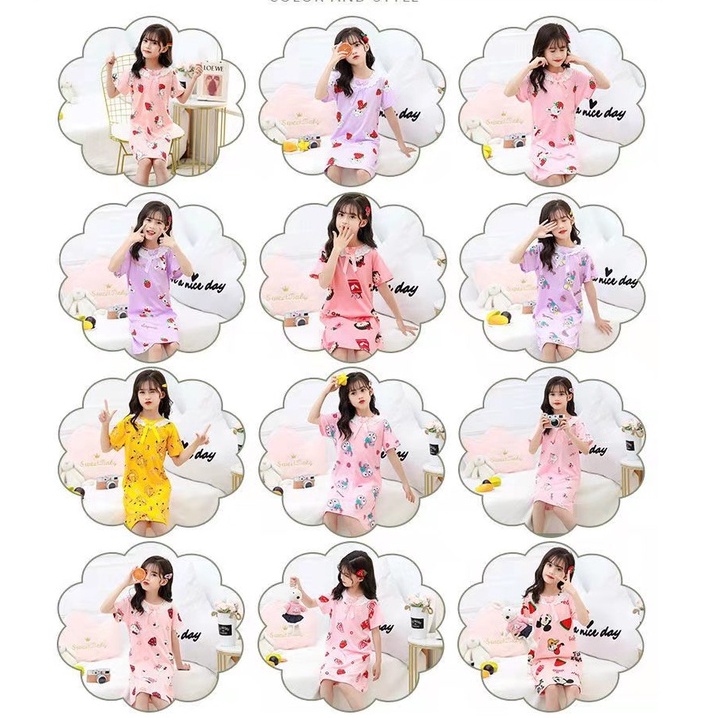 (Hello Girl)SY-01 Dress Tidur Anak Kerah Renda Motif  Kartun Import