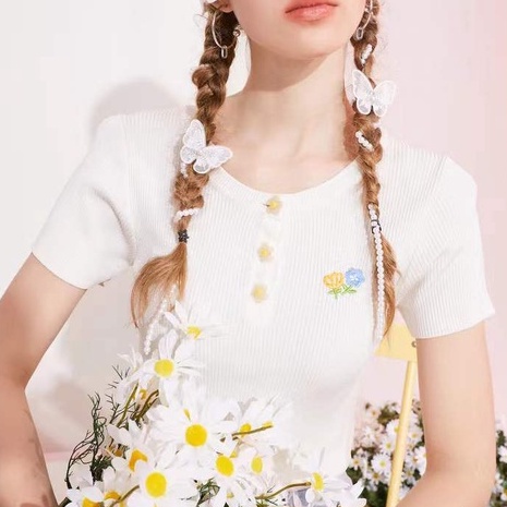 【Elegant】Korean Import Floral Embroidery Rib-knit T-shirts 2404 (S/M/L)