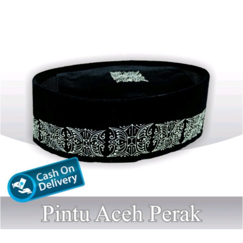 PECI SONGKOK KOPYAH HITAM MOTIF PINTU ACEH PERAK
