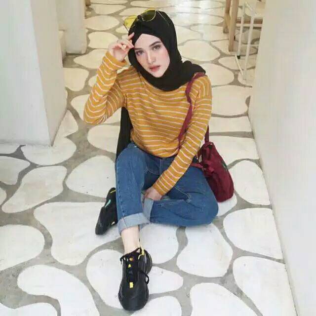 Kaos Salur Wanita Kaos strip Wanita Kaos Wanita Lengan Panjang Salur