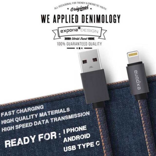 exporia design denim kabel cable quick charger usb type C Iphone ipad lightning micro usb android