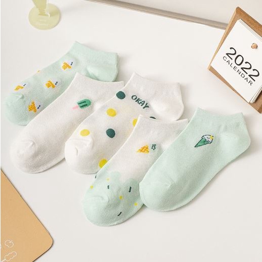 RSB KK207 Kaos Kaki Wanita Pendek Ice Cream Sarung Kaki Unisex Semata Kaki Warna Hijau Motif Es Krim Ankle Socks Korean
