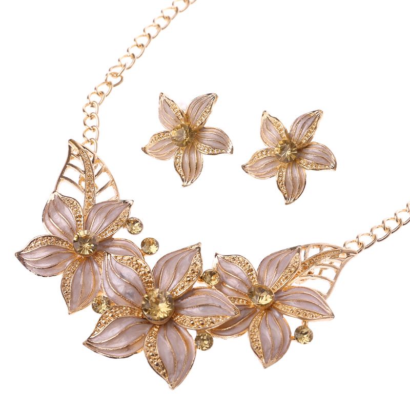 SIY  Fashion Women Gold Plated Crystal Flower Statement Necklace Earrings Jewelry Set