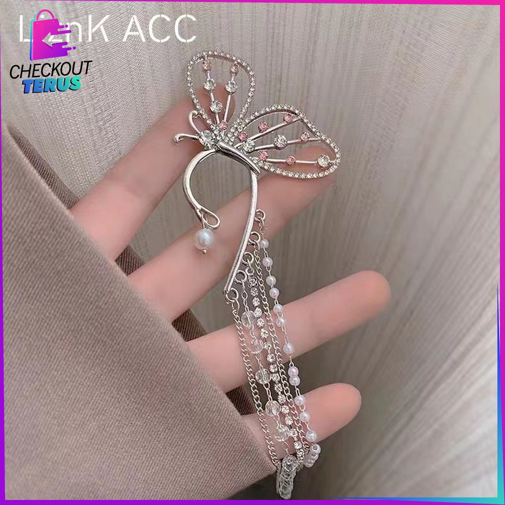 CT K118 Anting Korea Motif Kupu Kupu Untuk Telinga Kiri Aksen Mutiara Wanita Tanpa Tusuk Anting Klip Perhiasan Aksesoris Wanita