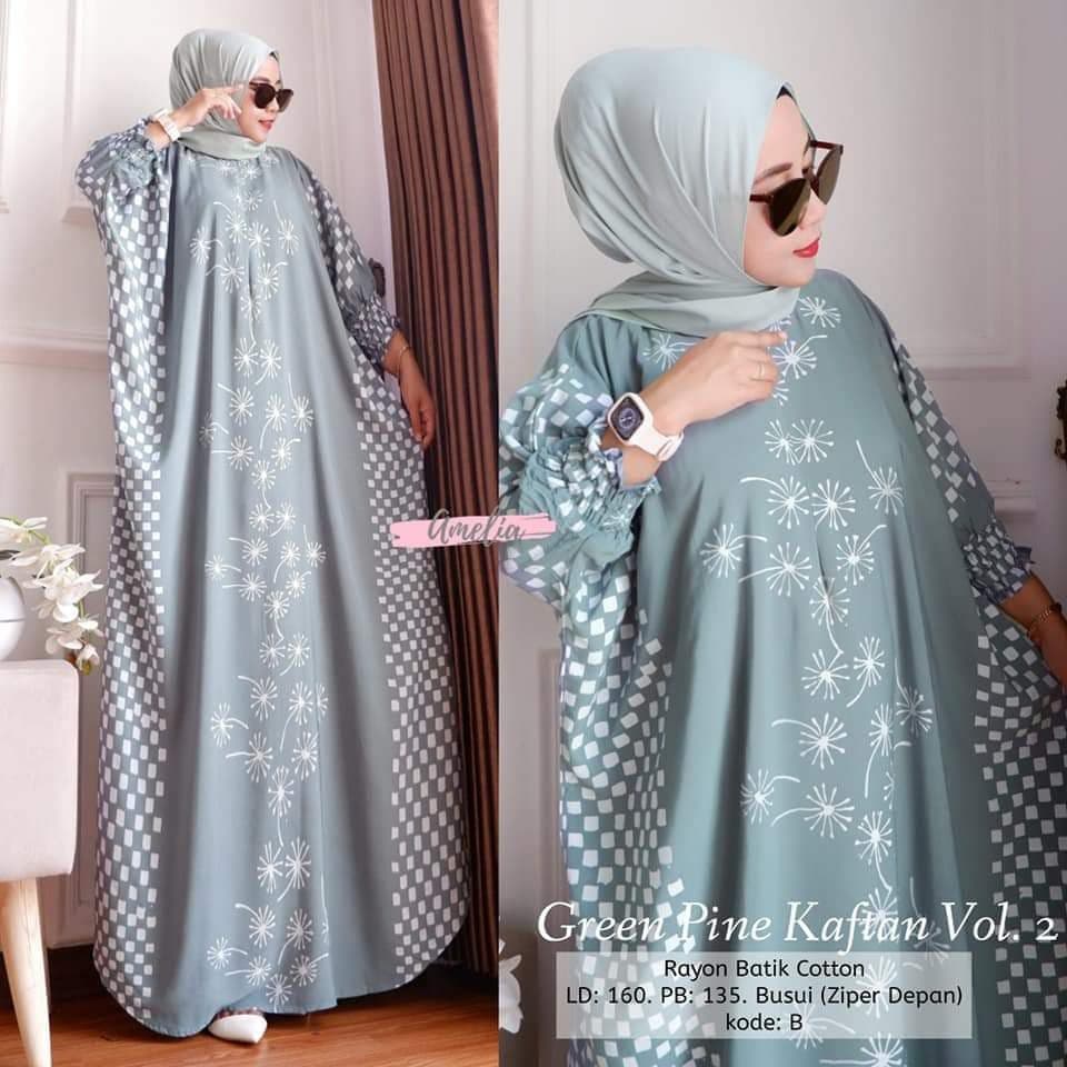 Green Pine Kaftan Wanita Jumbo Rayon Premium Gamis Dress Kaftan Batik Kekininan Bigsize LD 150 cm