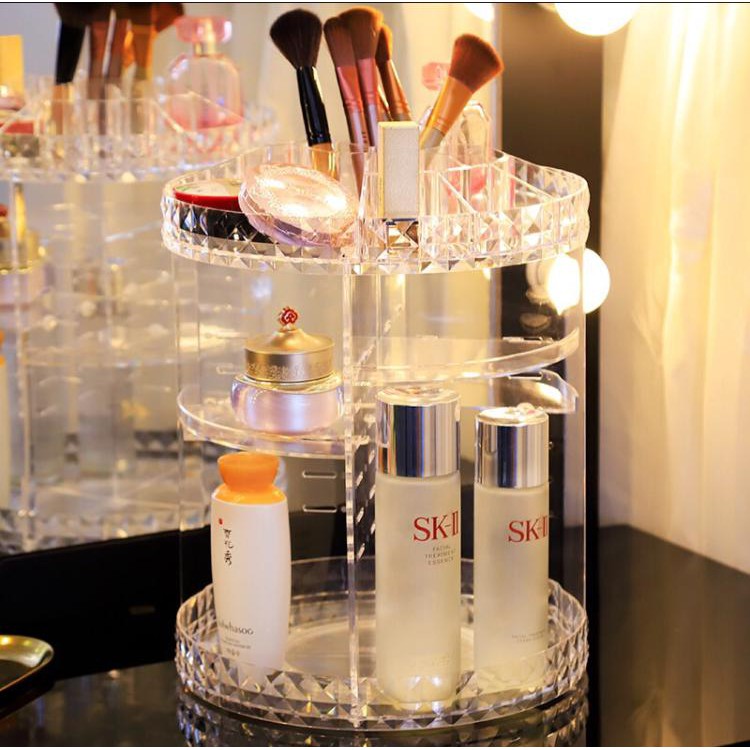 Rak Kosmetik Putar 360 Derajat / Rak Organizer Acrylic Diamond Dengan 4 Sekat / Tempat Make Up &amp; Skincare
