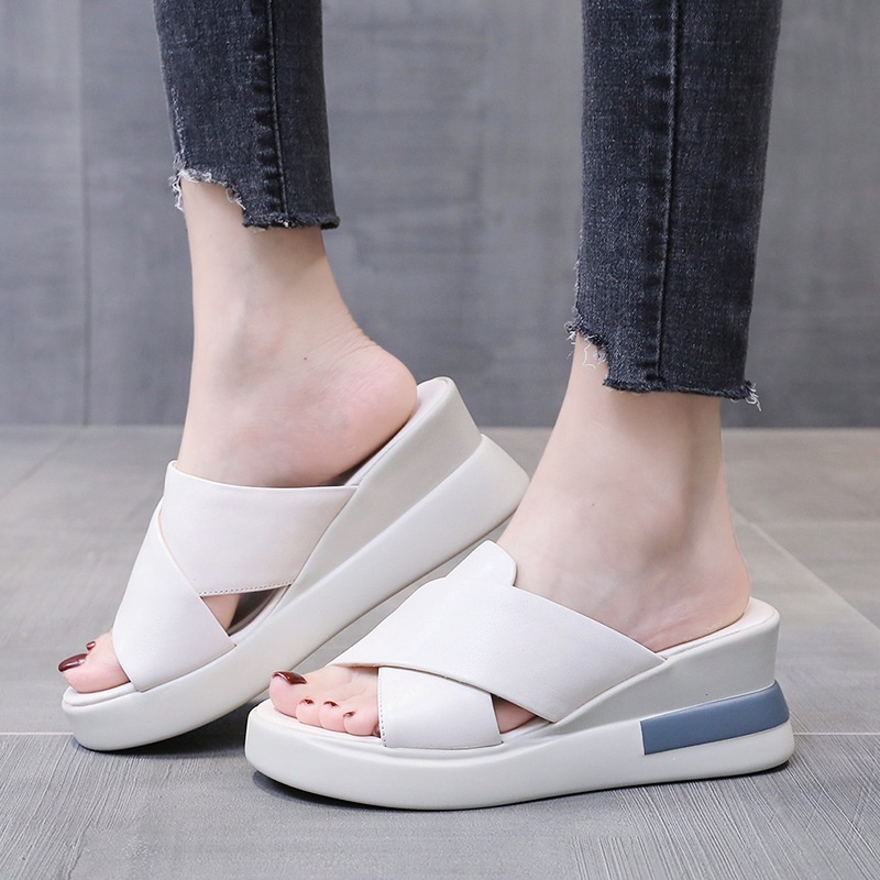 COD Sneakersdaily M61 Sandal Wedges Wanita Tali Import Sandal Beige