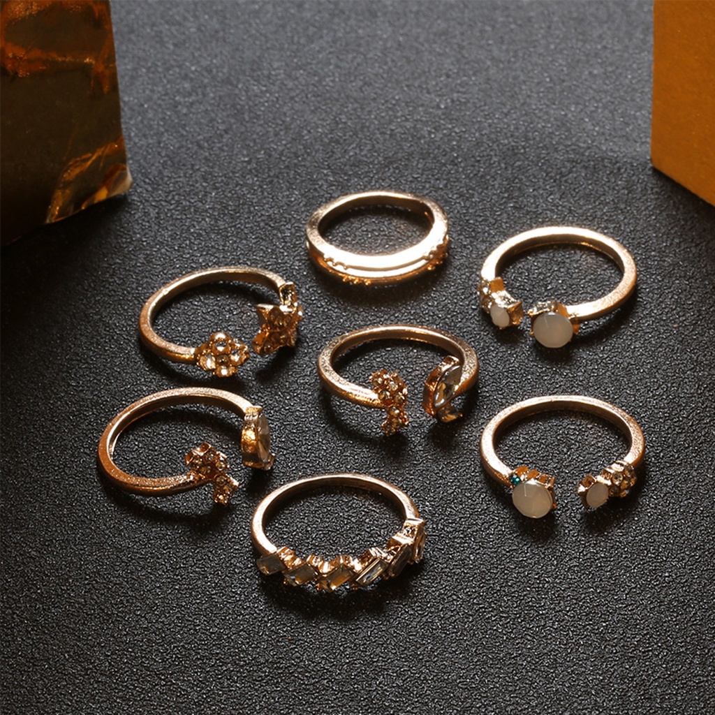 Hu Hu Hu Hu Hu Alat Bantu Pasang Kacamata♡ 7pcs Cincin Jari Model Terbuka Aksen Berlian Imitasi Untuk Wanita