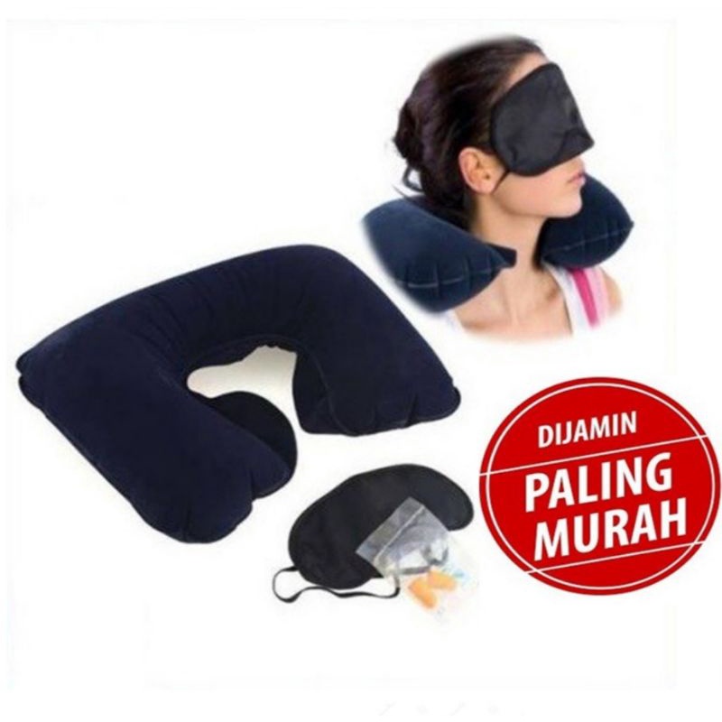 bantal tiup bantal leher 1 set bantal travel dan penutup mata telinga bantal leher angin