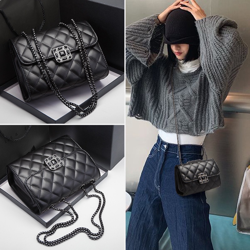 Tas Bahu Perempuan Diamond Rantai Women Tas Selempang High Fashion Black