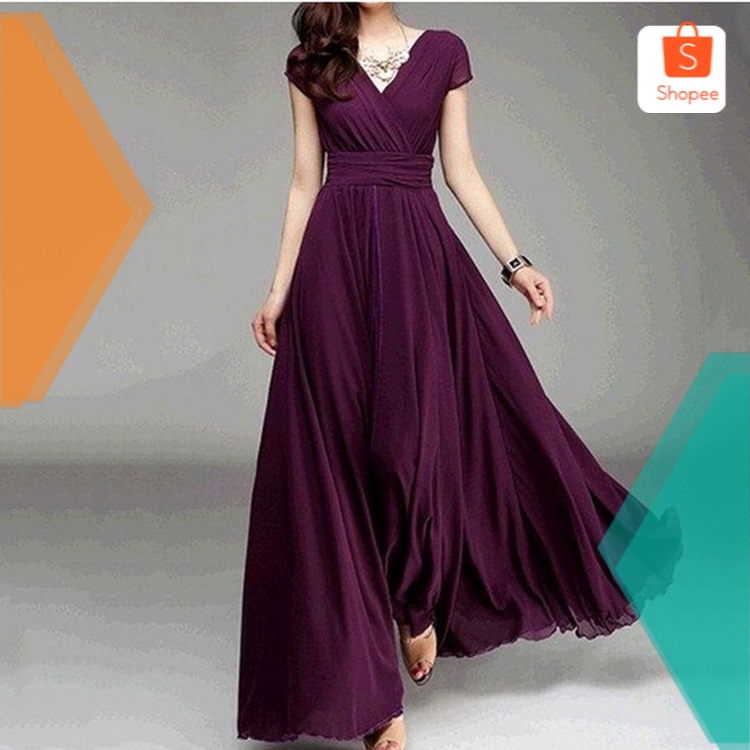 Populer V Leher Lengan Pendek Bohemian Chiffon Dress