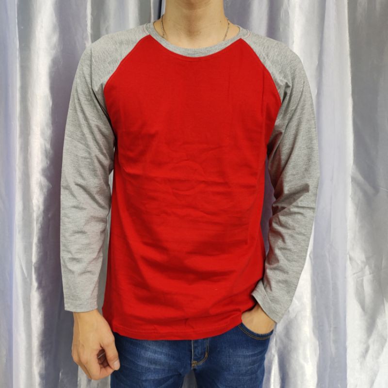 Kaos polos reglan MERAH-ABUMISTY lengan panjang dewasa uk M L XL XXL pria dan wanita