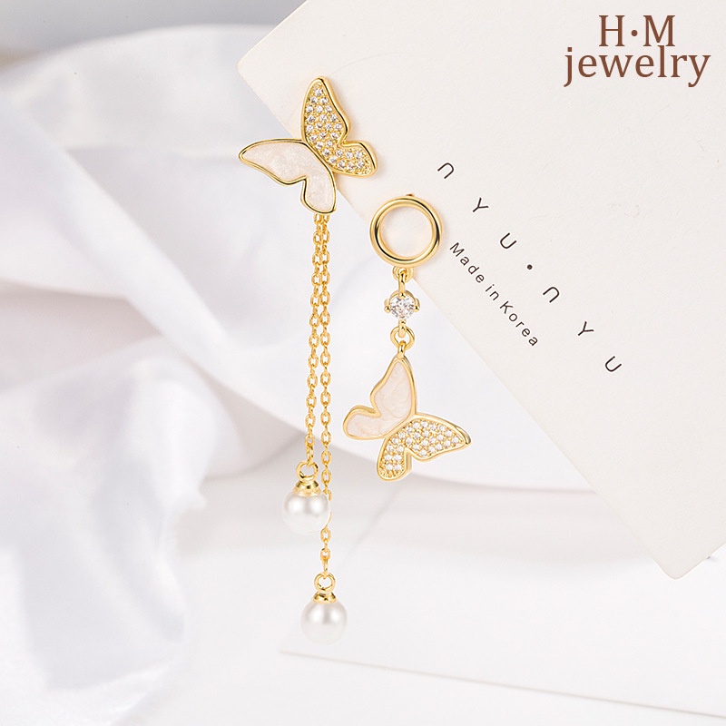 Anting Gantung Panjang Asimetris Model Kupu-Kupu Dengan Mutiara Untuk Wanita Butterfly