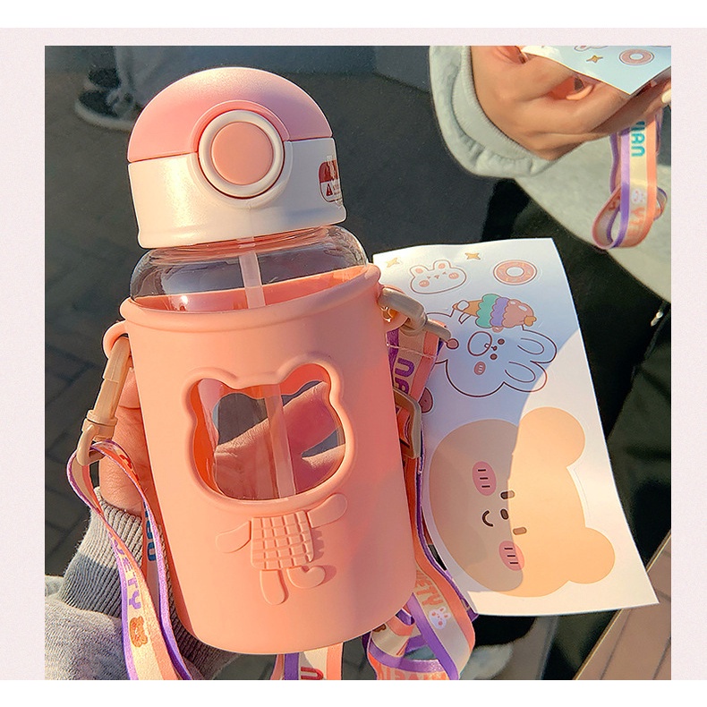 Botol Minum Anak Sedotan Karakter Lucu Ukuran 620 ml S05 Botol Air Minum Anak Sekolah SD TK BPA Free Tali Panjang Bening Transparan