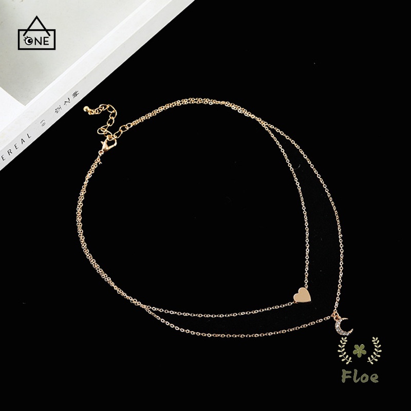 COD❤Kalung Rantai Multilayer Dengan Liontin Hati Dan Bulan Untuk Wanita A one