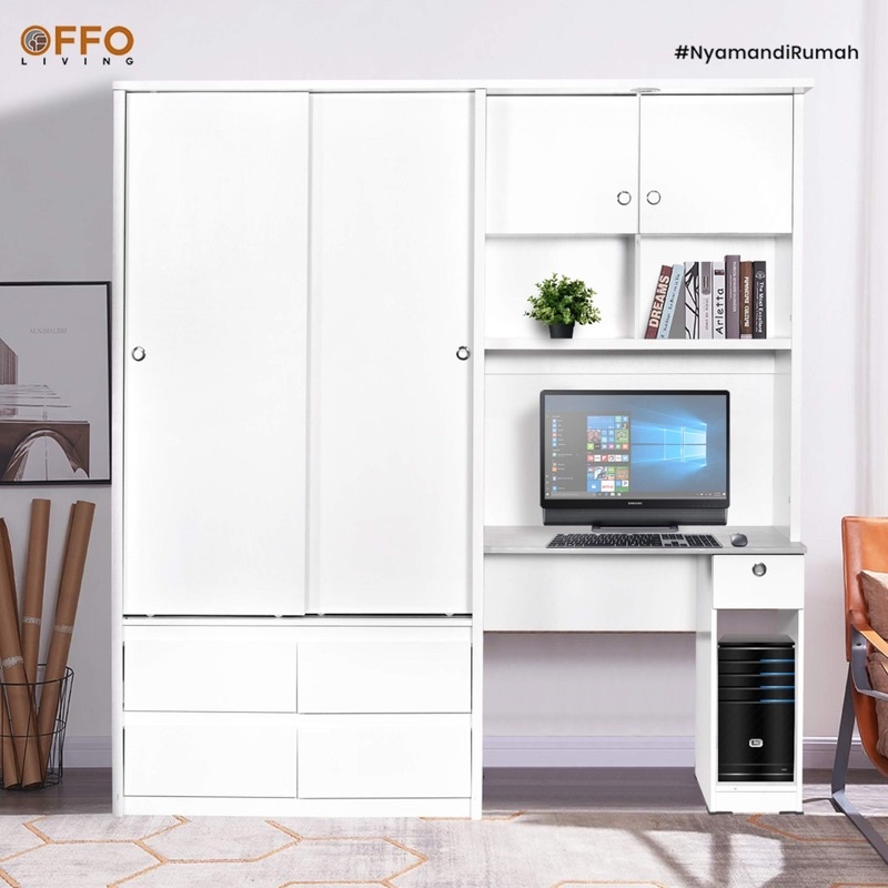 Offo Living - Lemari Pakaian Sliding dengan Meja Kerja / Meja Belajar - WDSD-001-WHT