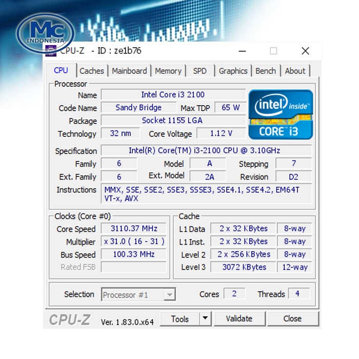 Intel Core i3-2100 Sandy Bridge 3.1 GHz LGA 1155 + FAN intel Ori