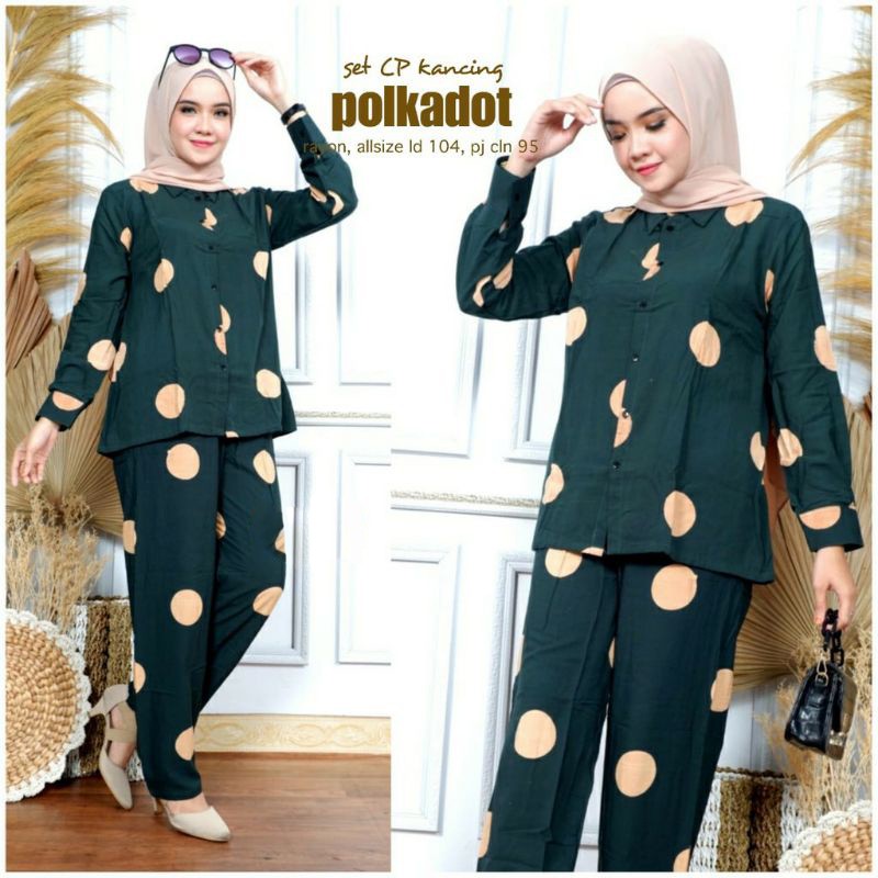 ONE SET PAJAMAS WANITA STELAN TIE DYE RAYON KANCING LENGAN PANJANG MOTIF POLKADOT