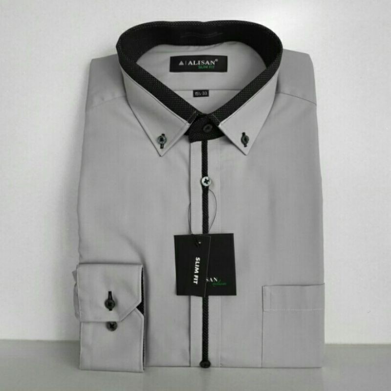 kemeja alisan abu muda list tengah lengan panjang slimfit